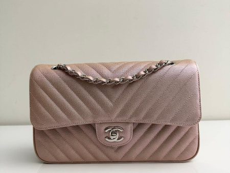 CHANEL Metallic Caviar Chevron Quilted Medium Double Flap Light Gold For Discount