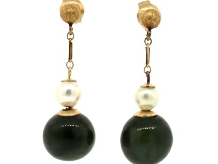 14 kt Yellow Gold Pearl and Jade Hanging Earrings Sale