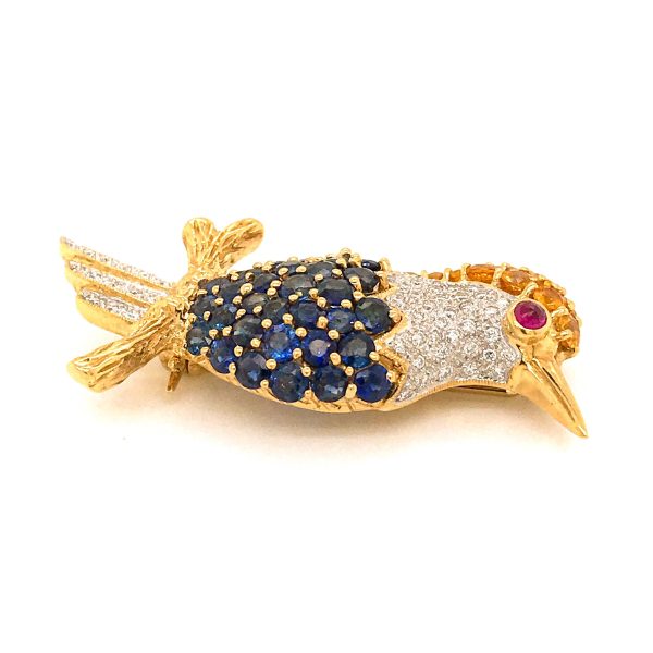 Estate 18K Yellow Gold Sapphire and Diamond Woodpecker Pin Supply