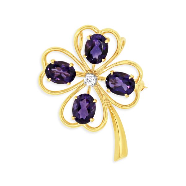 Beautiful Amethyst and Diamond Lucky Clover Brooch Online Hot Sale