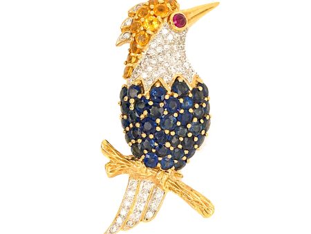 Estate 18K Yellow Gold Sapphire and Diamond Woodpecker Pin Supply