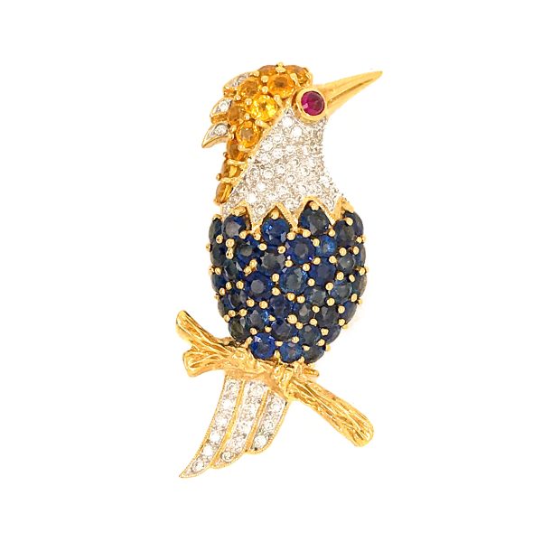 Estate 18K Yellow Gold Sapphire and Diamond Woodpecker Pin Supply