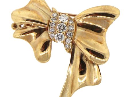 14 kt Yellow Gold Diamond Bow Brooch For Sale