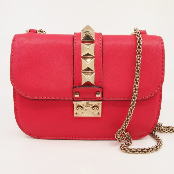 VALENTINO Rockstud Glam Lock Pink Leather Shoulder Bag Online Hot Sale