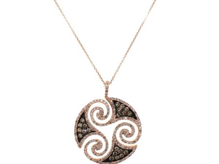 14k Rose Gold Brown and White Diamond Swirl Pendant Necklace For Cheap