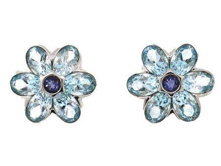 14k White Gold Blue Topaz and Sapphire Flower Earrings Online now